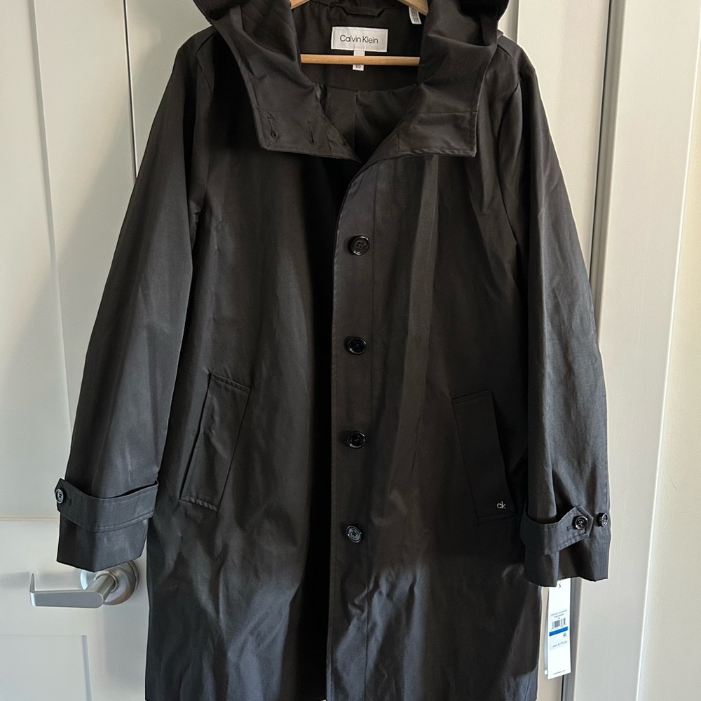 Calvin Klein Black Raincoat with Wide Lapel Collar